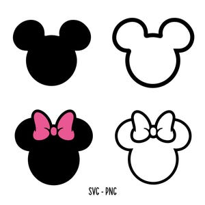 Puede incluir: Cuatro diseños de cabeza de ratón de dibujos animados. Dos son negros sólidos, uno con un lazo rosa. Los otros dos son contornos, uno con un lazo blanco. El texto "SVG - PNG" está en la parte inferior.