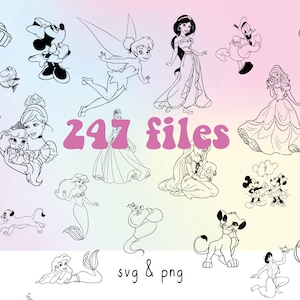 May include: A collection of black and white line drawings featuring Disney characters such as Mickey Mouse, Minnie Mouse, and princesses. The image includes the text "247 files" in pink, along with "svg & png".