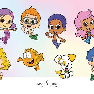 May include: A colourful illustration featuring cartoon characters, including mermaids and a dog. The characters have different hair colours and wear mermaid tails. The image includes the text "svg & png".