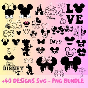 May include: A collection of black and white Disney-themed SVG and PNG designs. Includes Mickey and Minnie Mouse silhouettes, bows, castle, heart hands, and the words "Love" and "Disney". The text "You are magic" and "+40 Designs SVG - PNG Bundle" are also present.
