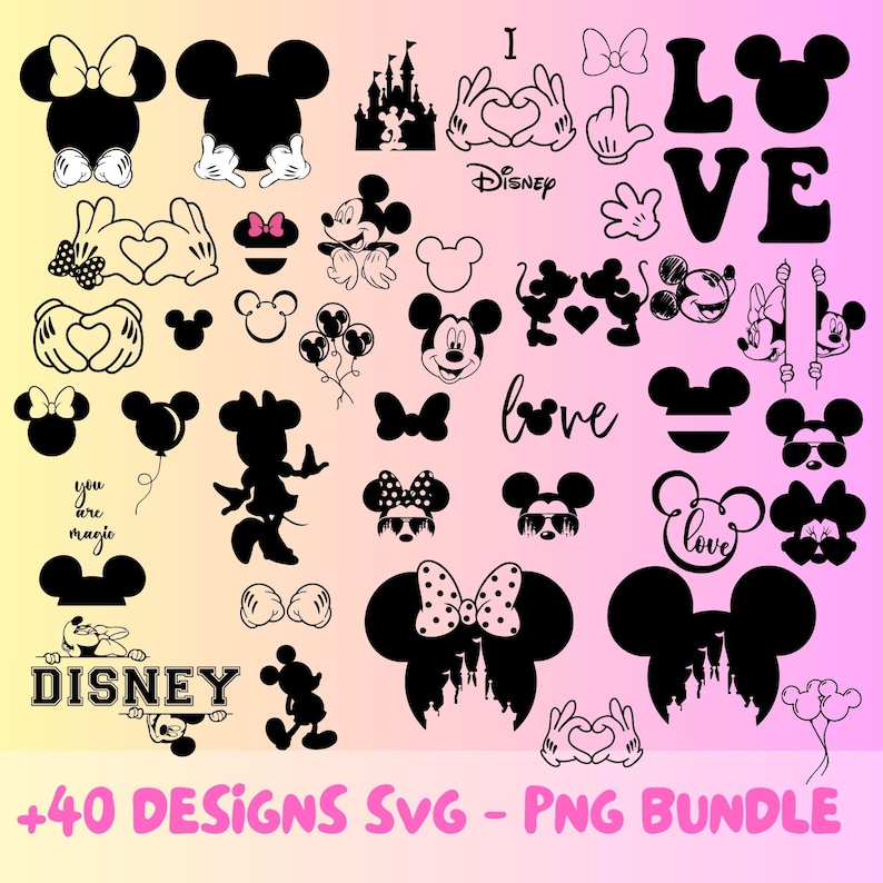 May include: A collection of black and white Disney-themed SVG and PNG designs. Includes Mickey and Minnie Mouse silhouettes, bows, castle, heart hands, and the words "Love" and "Disney". The text "You are magic" and "+40 Designs SVG - PNG Bundle" are also present.
