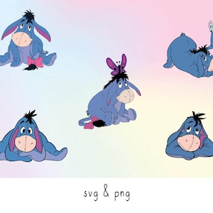 May include: A collection of illustrations featuring Eeyore, the blue donkey from Winnie the Pooh. The images show Eeyore in various poses, with a pink bow and a butterfly on his head. The text "svg & png" is at the bottom.