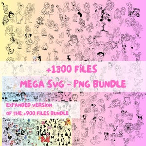 May include: A digital collection of over 1300 black and white line art illustrations featuring various animated characters. The bundle includes SVG and PNG files, labelled as a mega bundle and an expanded version of a 900 file set.