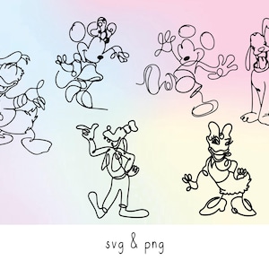 Pode incluir: Ilustrações em arte linear de personagens da Disney, incluindo Pato Donald, Minnie Mouse, Mickey Mouse, Pluto, Pateta e Margarida. A imagem tem um fundo gradiente pastel e o texto "svg & png" na parte inferior.