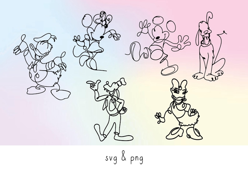 May include: Line art illustrations of Disney characters including Donald Duck, Minnie Mouse, Mickey Mouse, Pluto, Goofy, and Daisy Duck. The image has a pastel gradient background and the text "svg & png" at the bottom.