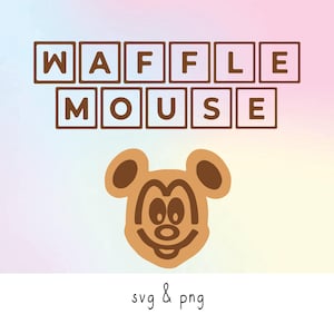 Pode incluir: Num fundo pastel, uma imagem castanha de um rosto de rato de desenho animado, que se assemelha a uma waffle, está centrada. Acima do rato, as palavras "WAFFLE MOUSE" estão escritas em letras castanhas. O texto "svg & png" está na parte inferior.