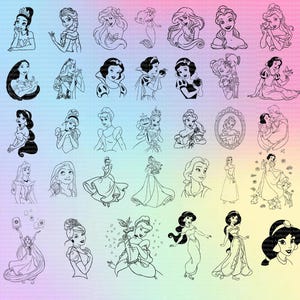 Może przedstawiać: Kolekcja 48 czarno-białych ilustracji liniowych przedstawiających księżniczki Disneya. Księżniczki są przedstawione w różnych pozach, w tym stojących, siedzących i tańczących. Niektóre księżniczki noszą korony, a inne tiary. Wszystkie księżniczki się uśmiechają.