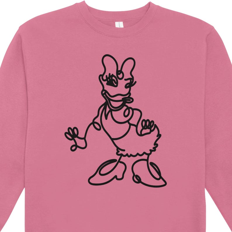 May include: Pink sweatshirt featuring a black line drawing of a cartoon duck character. The illustration depicts the duck in a dress and shoes, with a whimsical, minimalist style. The sweatshirt is a solid pink color.