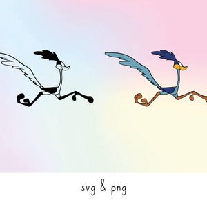May include: Two images of the Road Runner cartoon character in mid-run. One is a black and white outline, the other is coloured with blue, brown, and yellow. The text "svg & png" is at the bottom.