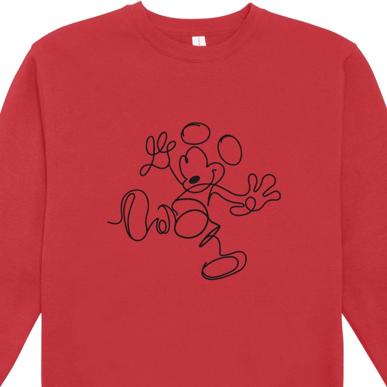 May include: A red sweatshirt featuring a black line drawing of Mickey Mouse. The minimalist design shows Mickey in a playful pose, with his arms outstretched and a cheerful expression. The sweatshirt is a solid red color.