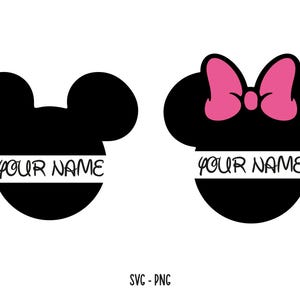 May include: Black Mickey Mouse and Minnie Mouse head silhouettes with a white banner that reads "YOUR NAME". Minnie Mouse has a pink bow. The image is a SVG-PNG file.