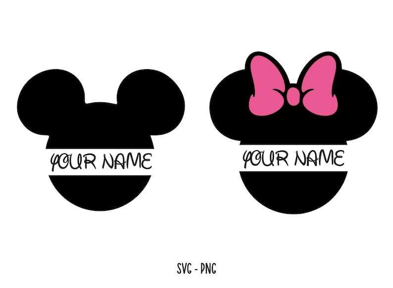 May include: Black Mickey Mouse and Minnie Mouse head silhouettes with a white banner that reads "YOUR NAME". Minnie Mouse has a pink bow. The image is a SVG-PNG file.