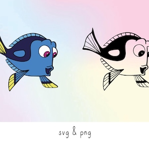 Può includere: Due illustrazioni di pesci dei cartoni animati. Uno è un pesce blu con pinne gialle e un'espressione sorpresa. L'altro è un contorno in bianco e nero dello stesso pesce. Il testo "svg & png" è in basso.