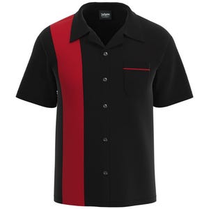 May include: A black short-sleeved button-up shirt with a red vertical stripe down the front. The shirt has a collar and a pocket on the left side.