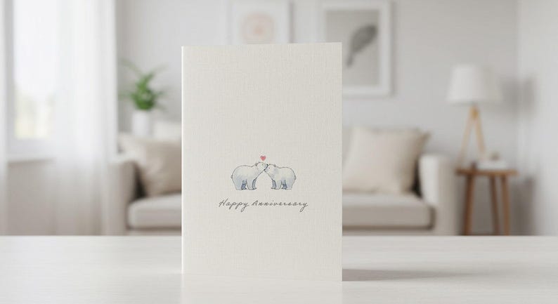 May include: A white card with a drawing of two polar bears kissing with a red heart above them. The text "Happy Anniversary" is written below the bears.