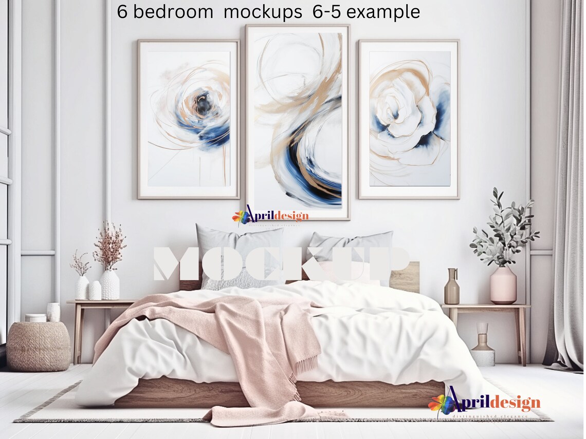 6 Bedroom Wall Art Mockups/three Frames Mockup Bundle/4 Frames Bedroom