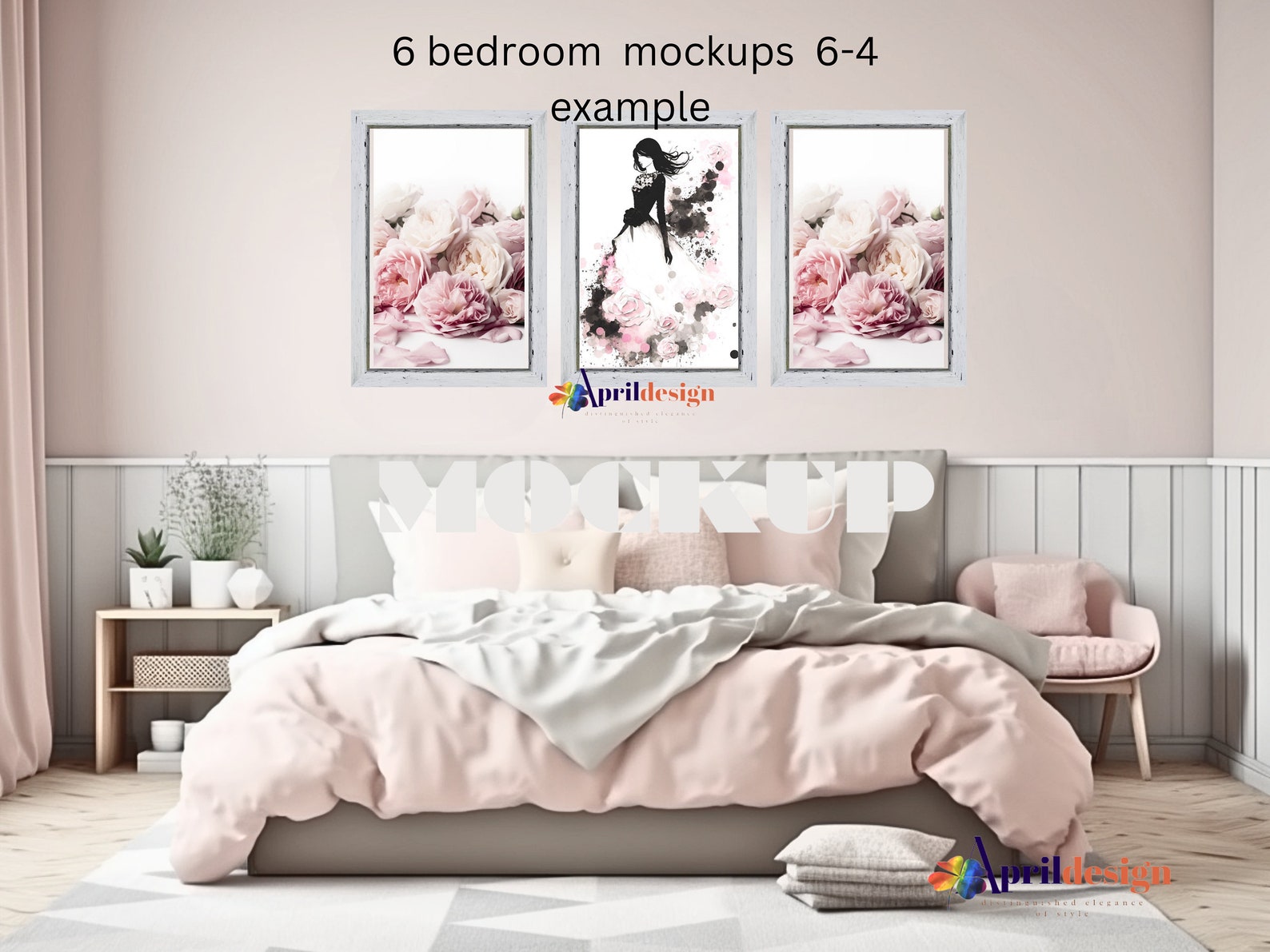 6 Bedroom Wall Art Mockups/three Frames Mockup Bundle/4 Frames Bedroom