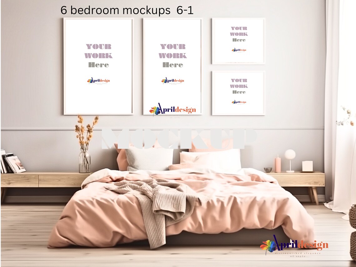 6 Bedroom Wall Art Mockups/three Frames Mockup Bundle/4 Frames Bedroom