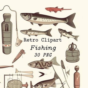 Retro Angeln Outdoor Spaß, Angeln Waren, Reise Clipart, PNG, Sommer Clipart, Natur, Illustration, minimalistisch, digitaler Download Bundle