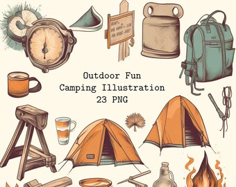 Retro Camping Clipart: Outdoor Adventure PNG Bundle (Digital Download)