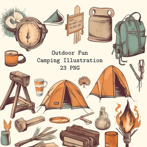 Retro Caminhadas Camping Diversão ao ar livre, fogueira, barraca, montanha, foto de ilustração, clipart minimalista PNG, pacote de download digital