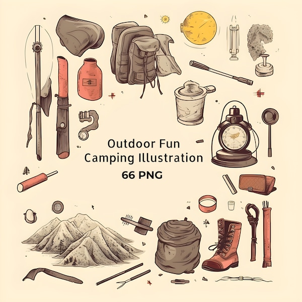 Retro Hiking Camping Outdoor Fun, Campfire, Tent, Mountain, Illustration photo, Minimalist Clipart PNG, Digital Download Bundle