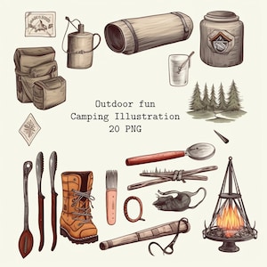 Retro Caminhadas Camping Diversão ao ar livre, fogueira, barraca, montanha, foto de ilustração, clipart minimalista PNG, pacote de download digital