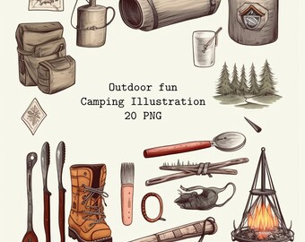 Retro Camping Clipart: Outdoor Adventure PNG Bundle (Digital Download)