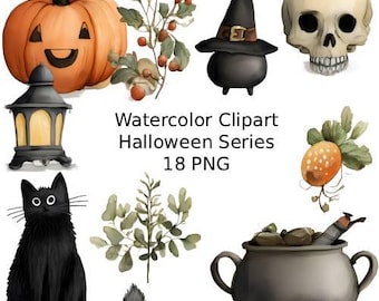 Watercolor Halloween Clipart Set: Cat, Pumpkin, Witch (Digital Download Bundle)