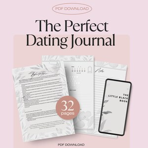 Könnte beinhalten: Digitaler Download von "The Perfect Dating Journal" vor einem zartrosa Hintergrund. Das Bild zeigt mehrere Seiten mit Text, floralen Mustern und den Worten "Red Flags" und "The Little Black Book". Das Journal hat 32 Seiten.