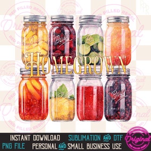 May include: A digital illustration of six mason jars filled with various fruits and vegetables. The jars are labeled with the word "Ball" and the text "Homegrown" is written in gold letters across the top of the jars.