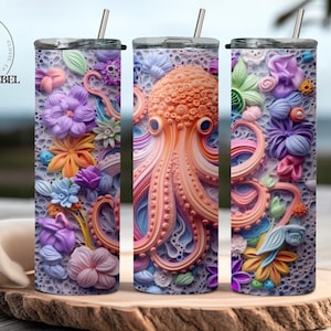 3D ocean life octopus tumbler wrap | 20 oz skinny 3D coral octopus with ocean plant life tumbler sublimation PNG digital download