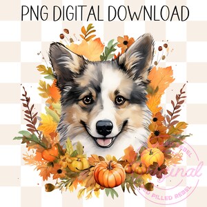 Autumn Dog Clipart PNG bellissimo disegno floreale dell'acquerello del cane per la sublimazione e DTF caduta Halloween country chic cane clipart autunno occidentale