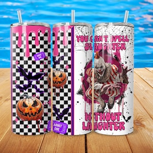 Payaso espeluznante vaso de Halloween envuelve 20 oz diseño de taza de sublimación PNG, No puedes deletrear matanza sin risa payaso aterrador de moda con murciélago