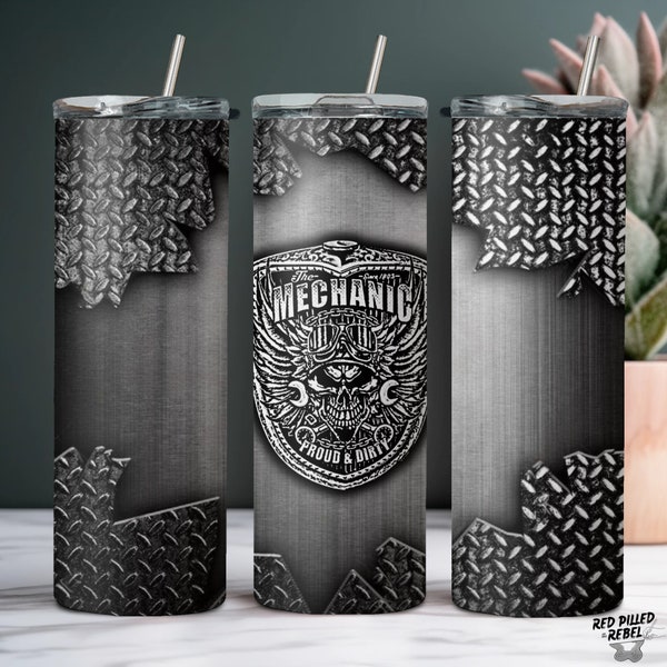 Mechanic tumbler wrap | 20 oz men's metal tumbler sublimation design, Proud & Dity skull with wrench crossbones, blue collar tumbler PNG