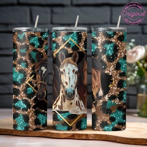 Glitter Horse 20 oz Skinny Tumbler Sublimation Design PNG Instant Download, Tumbler Wrap, Leopard Print Punchy Western Style, Seamless