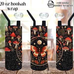 Hookah Cold Smoke tumbler wrap set 22oz fatty and 20 oz tumbler sublimation PNGs included, celestial mushrooms and butterfly glitter design