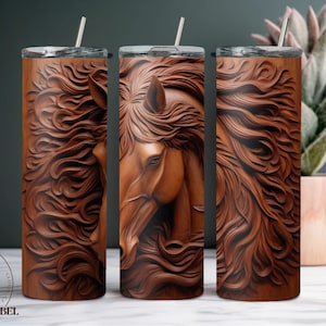 envoltura de vaso de caballo 3D sublimación de caballo tallado amante del caballo vaso diseño de sublimación de madera descarga digital PNG diseño de caballo de rodeo occidental