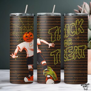 Halloween pumpkin skateboarder Trick or Treat tumbler wrap | 20 oz skater pumpkinhead tumbler sublimation PNG design tumbler wrap template