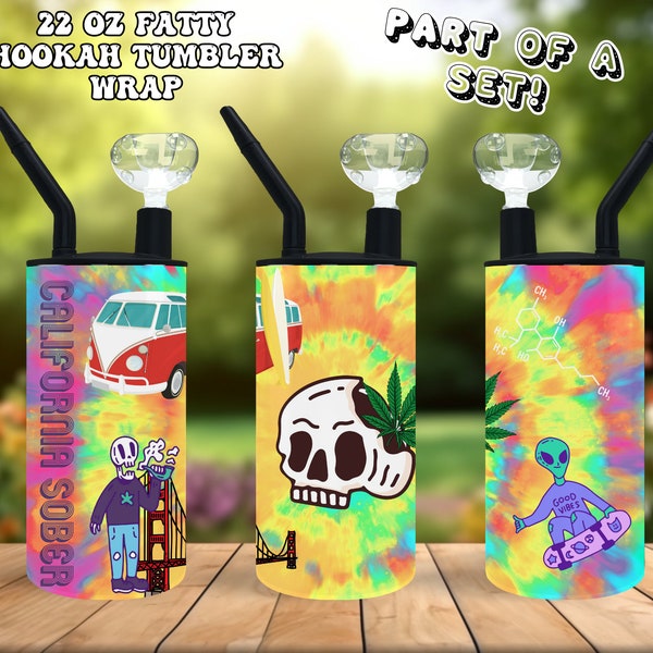 Shisha Cold Smoke Becher Wrap Set California Sober tie dye 20 oz und 22 oz Fett PNG Becher Sublimation stoner trippy Skull Marihuana Kunst