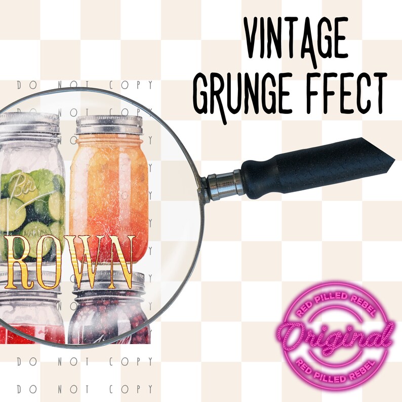 May include: Three glass jars with lids, filled with different colorful liquids. The jars are arranged in a row and the word "ROWN" is written in gold letters across the front of the jars. The image has a vintage grunge effect.