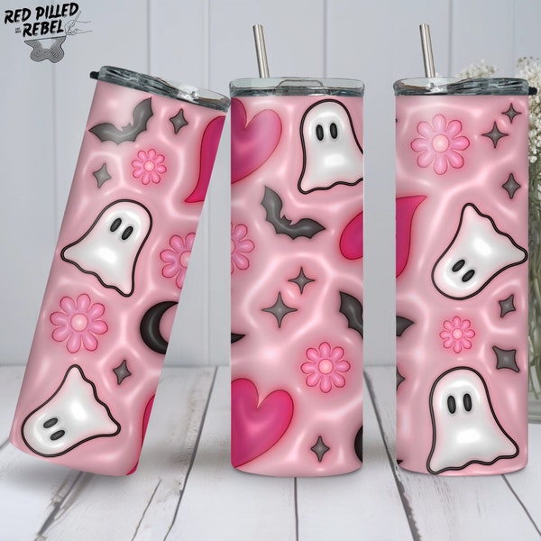 20 oz tumbler wrap 3D inflated puffy spoopy pink ghost and bat tumbler sublimation design PNG kawaii halloween flowers ghosts bats
