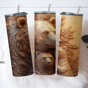 Gobelet 3D enveloppant maman ours avec oursons en bois sculpté PNG 20 oz gobelet sublimation 3D téléchargement numérique papa ours avec oursons sublimation forêt 3D