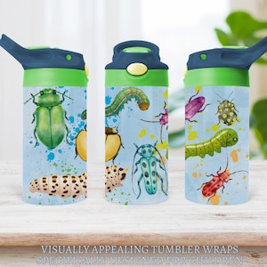 May include: Three colourful water bottles with a blue background and a variety of bug illustrations. The bottles have green lids and a blue straw.