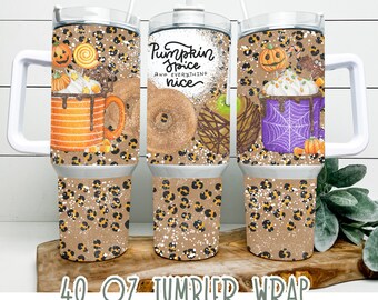 Pumpkin Spice and Everything Nice 40 oz tumbler wrap quencher template PNG cute country spooky Halloween treats coffee donuts caramel apple