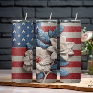 Envoltura de vaso de flores patriótica americana 3D / diseño de sublimación de vaso delgado de 20 oz, bandera estadounidense PNG, descarga digital grabada en 3D