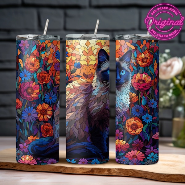 Siamese Cat Tumbler Wrap, 20oz Cat Lover Stained Glass Tumbler Sublimation Design, Digital Download PNG, Beautiful Floral Cat Tumbler Wrap