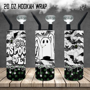 Hookah cold smoke tumbler wrap set 22 oz fatty and 20 oz marijuana sublimation Stay Spooky & Stay Lit ghost bat pot leaf wrap PNG downloads