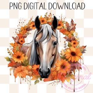 May include: A digital illustration of a brown horse with a white blaze on its face. The horse is surrounded by a wreath of fall leaves and sunflowers. The background is a transparent checkerboard pattern.