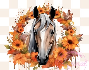 May include: A digital illustration of a brown horse with a white blaze on its face. The horse is surrounded by a wreath of fall leaves and sunflowers. The background is a transparent checkerboard pattern.